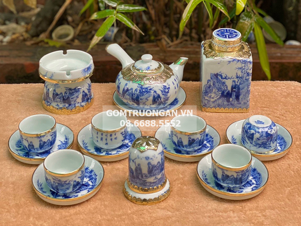 Ấm chén men lam bọc đồng Trúc Lâm Thất Hiền cao cấp đầy đủ phụ kiện Ấm chén men lam bọc đồng Trúc Lâm Thất Hiền cao cấp đầy đủ phụ kiện