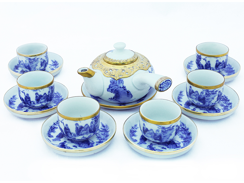 Ấm chén men lam bọc đồng Trúc Lâm Thất Hiền cao cấp đầy đủ phụ kiện Ấm chén men lam bọc đồng Trúc Lâm Thất Hiền cao cấp đầy đủ phụ kiện