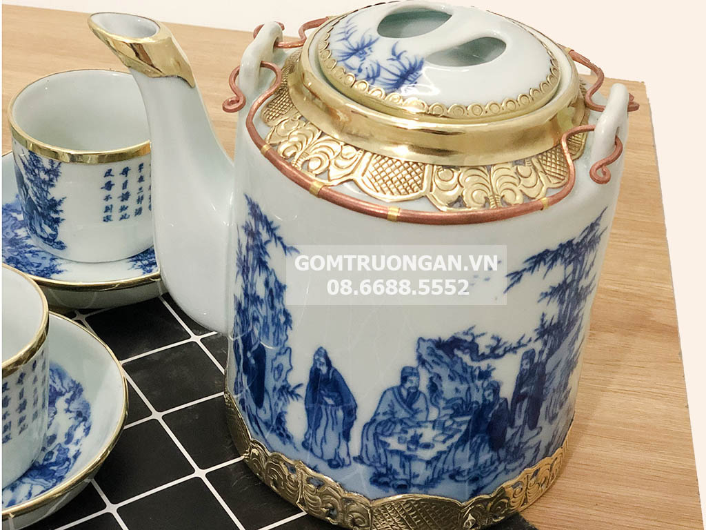 Bộ ấm tích Bát Tràng bọc đồng men lam cao cấp Trúc Lâm Thất Hiền 15L Bộ ấm tích Bát Tràng bọc đồng men lam cao cấp Trúc Lâm Thất Hiền 15L