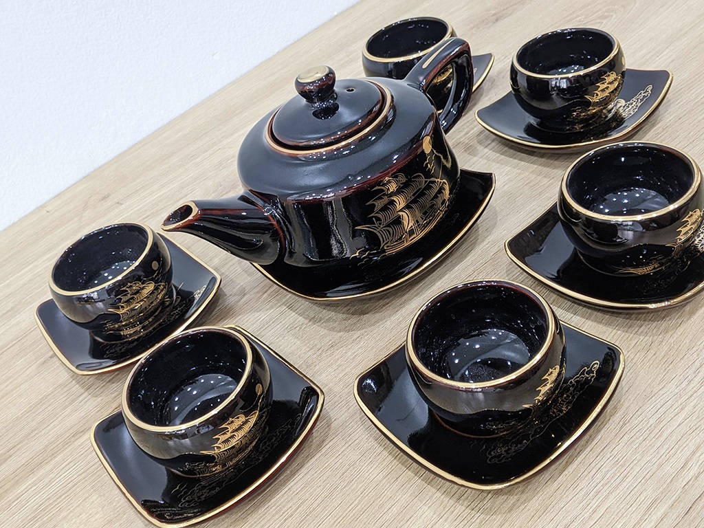 350ml 고광택 검정 금박 다기 세트 전통 베트남 도자기