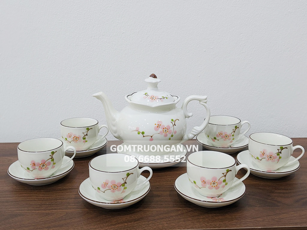 수공예 분홍 복숭아꽃 찻잔세트 550ml 고급 도자기 선물