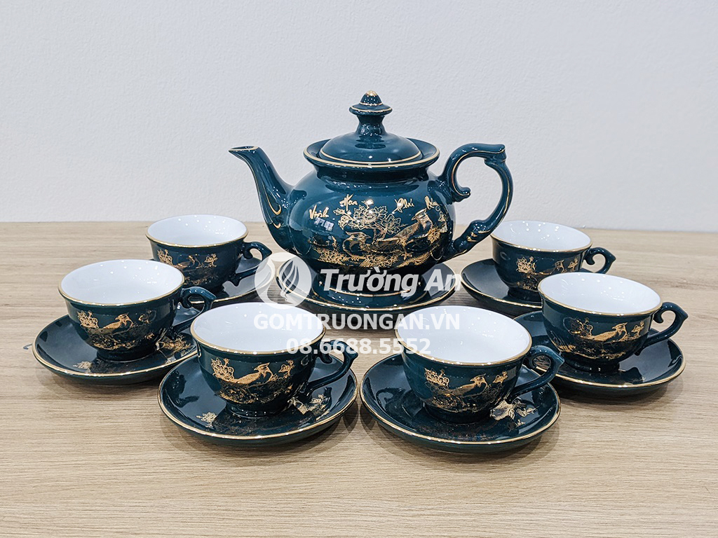 비취 청자 18K 금박 찻잔 세트 550ml 고급 베트남