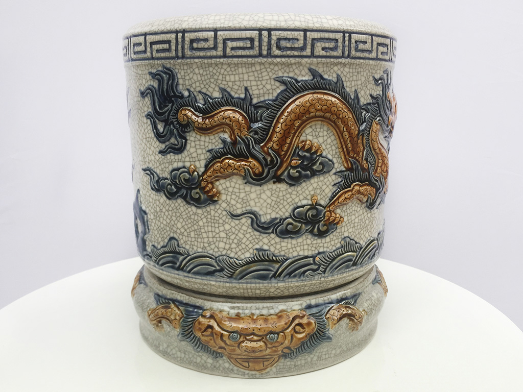 고급 용 무늬 금장 란 유약 14cm 불단 그릇 세트