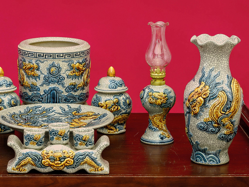 Bộ đồ thờ Bát Tràng men rạn rồng đắp nổi 10 món chất lượng Bộ đồ thờ Bát Tràng men rạn rồng đắp nổi 10 món chất lượng