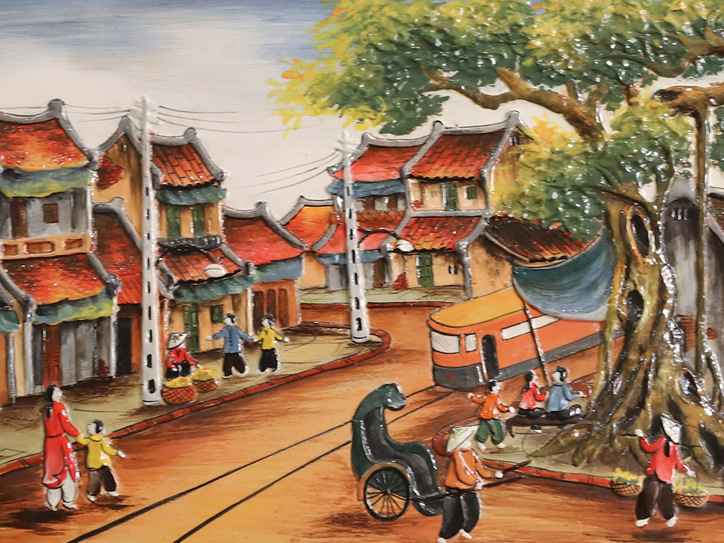 하노이 옛 거리 장면 대형 팔사 각색 도자기 그림