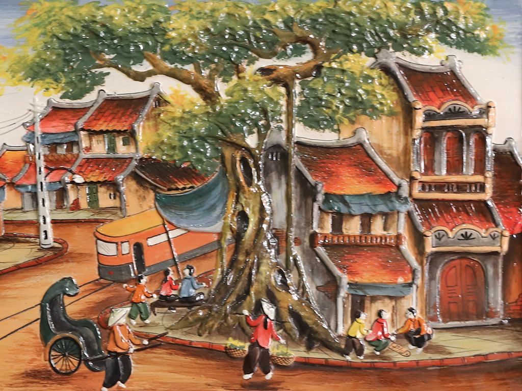 하노이 옛 거리 장면 대형 팔사 각색 도자기 그림