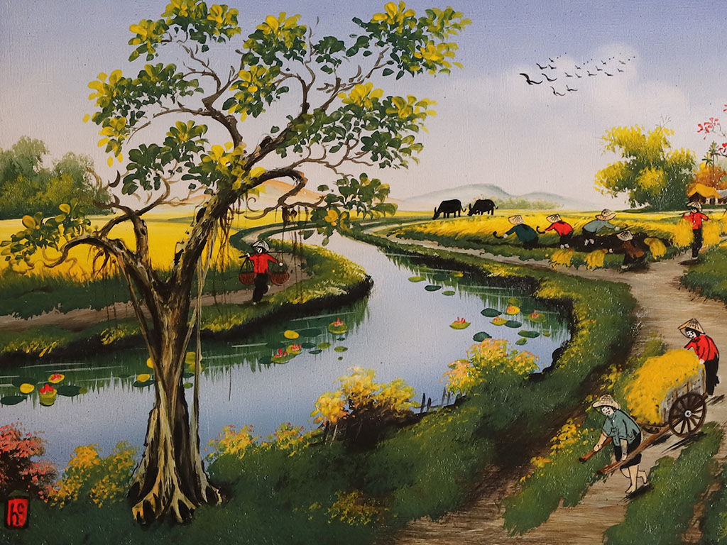 95x55cm 전통 시골 풍경 손 그림 도자기 벽화