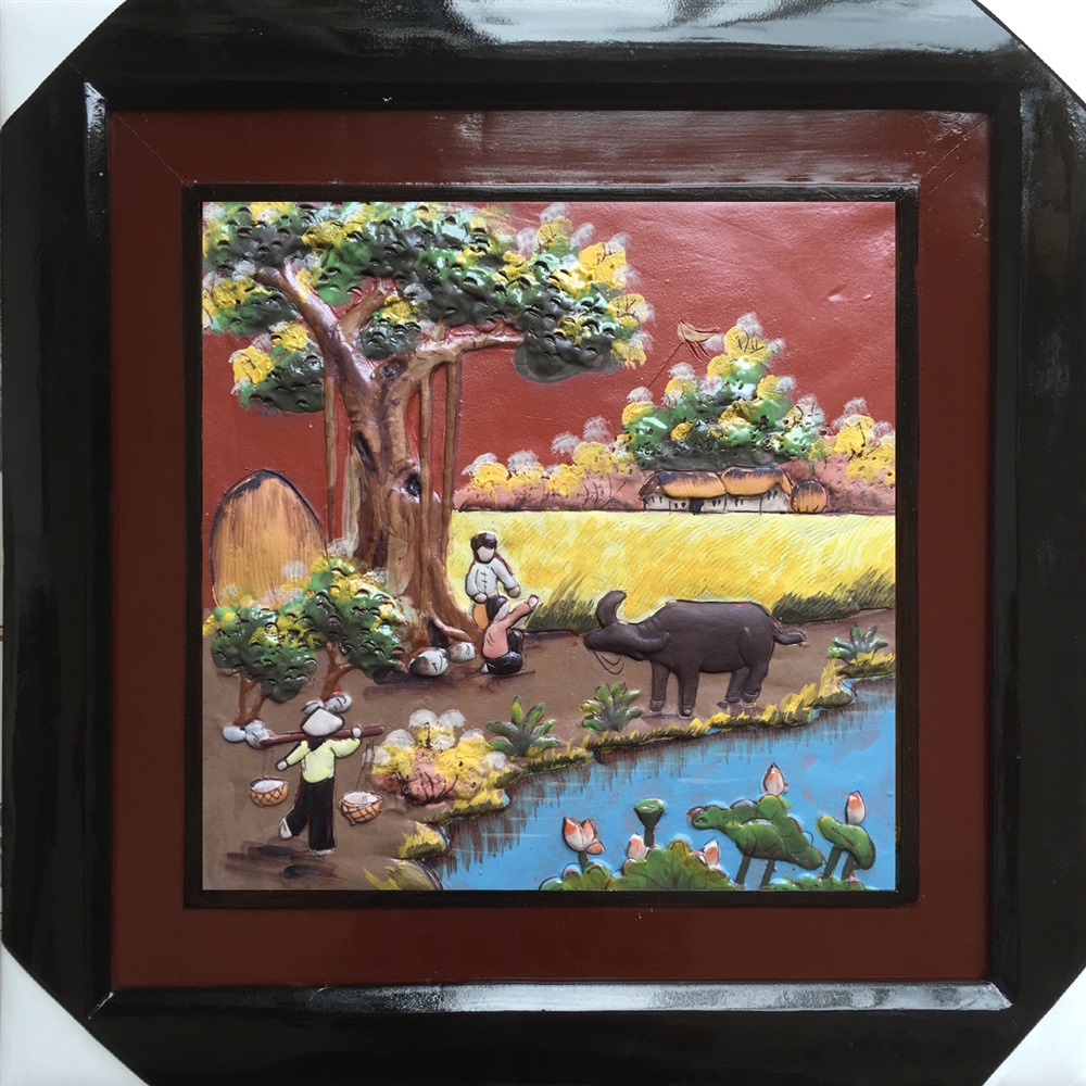 45x45cm 시골 풍경 도자 벽화 나무 액자 선물용