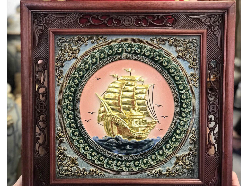고급 금박 도자기 그림 순풍만발 풍수 장식품
