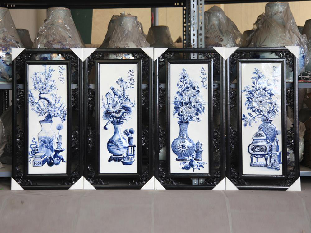 전통 청자 고급 사군자 문양 벽화 세트 50x100cm 배달