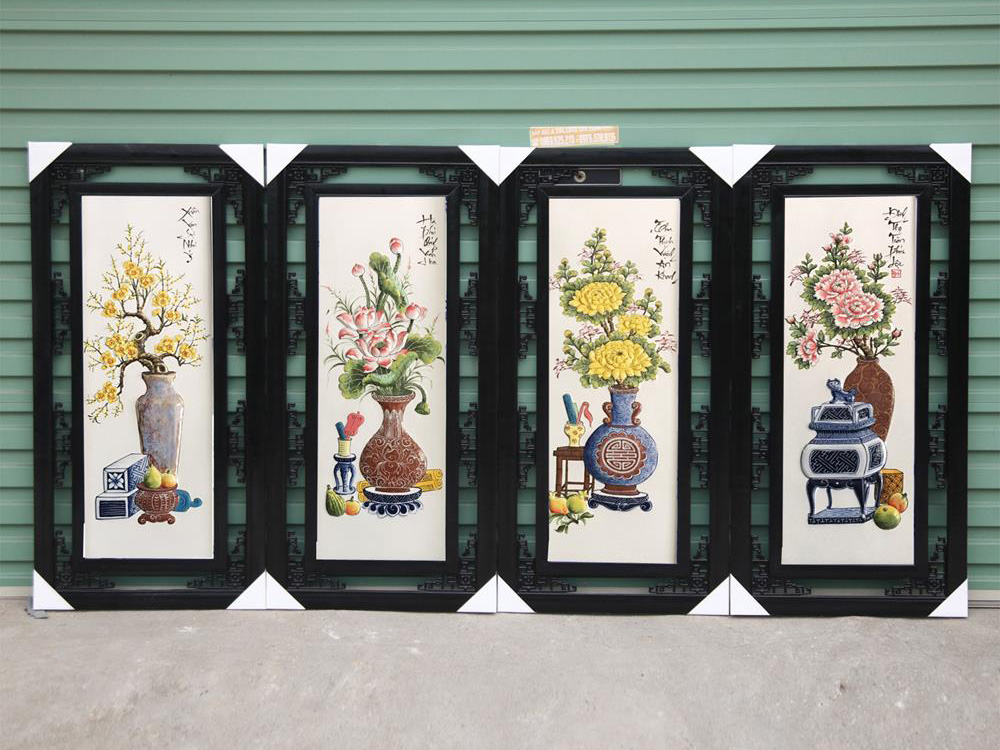 고풍스러운 분청 도자기 사계절 명화 부조 100x50cm