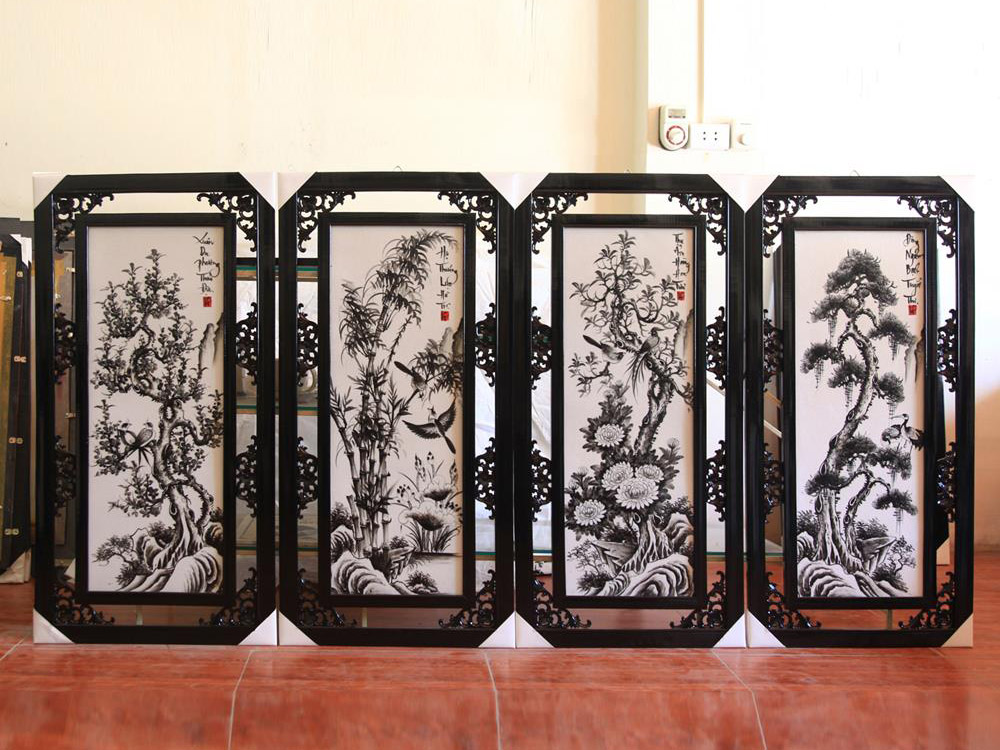 바트짱 흑백 사계절 꽃 그림 50x100cm 전통 도자기 그림