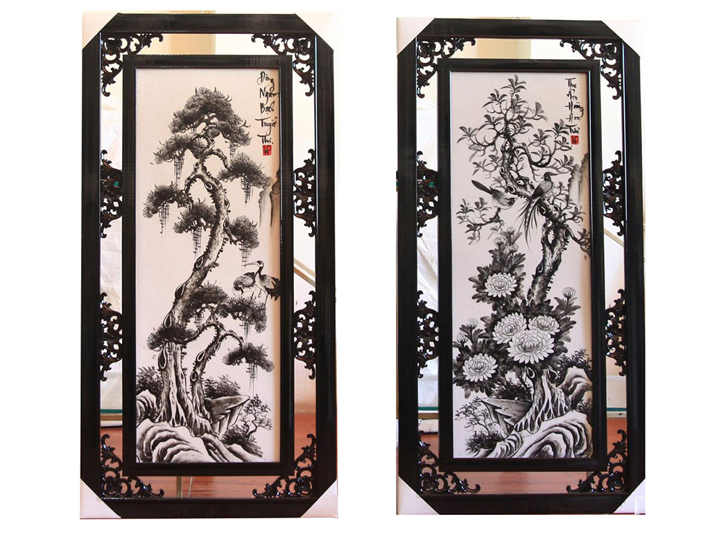 바트짱 흑백 사계절 꽃 그림 50x100cm 전통 도자기 그림