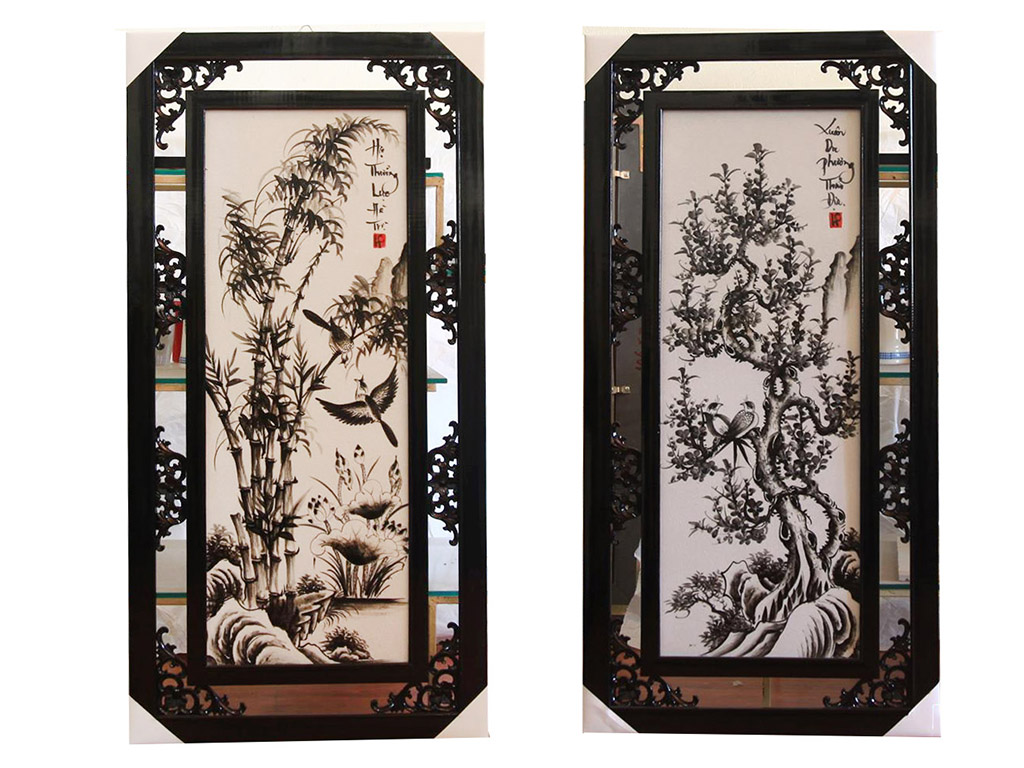 바트짱 흑백 사계절 꽃 그림 50x100cm 전통 도자기 그림