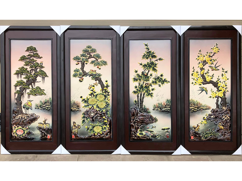 고급 사군자 도자기 벽걸이 그림 90x43cm 전통예술