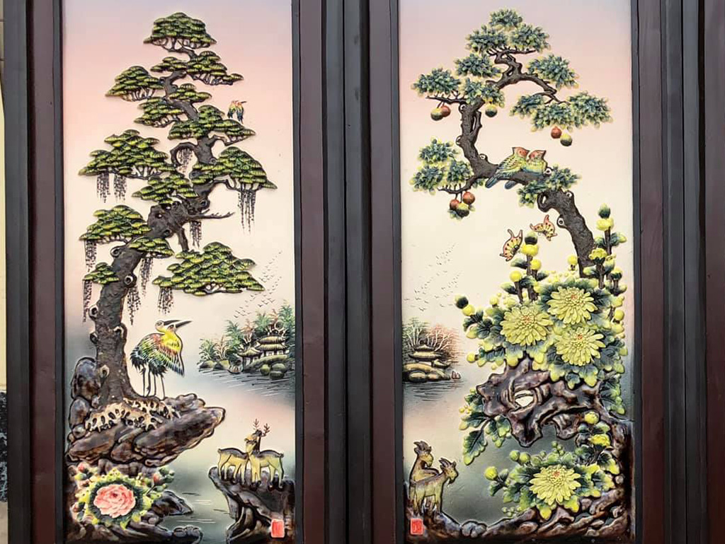 고급 사군자 도자기 벽걸이 그림 90x43cm 전통예술
