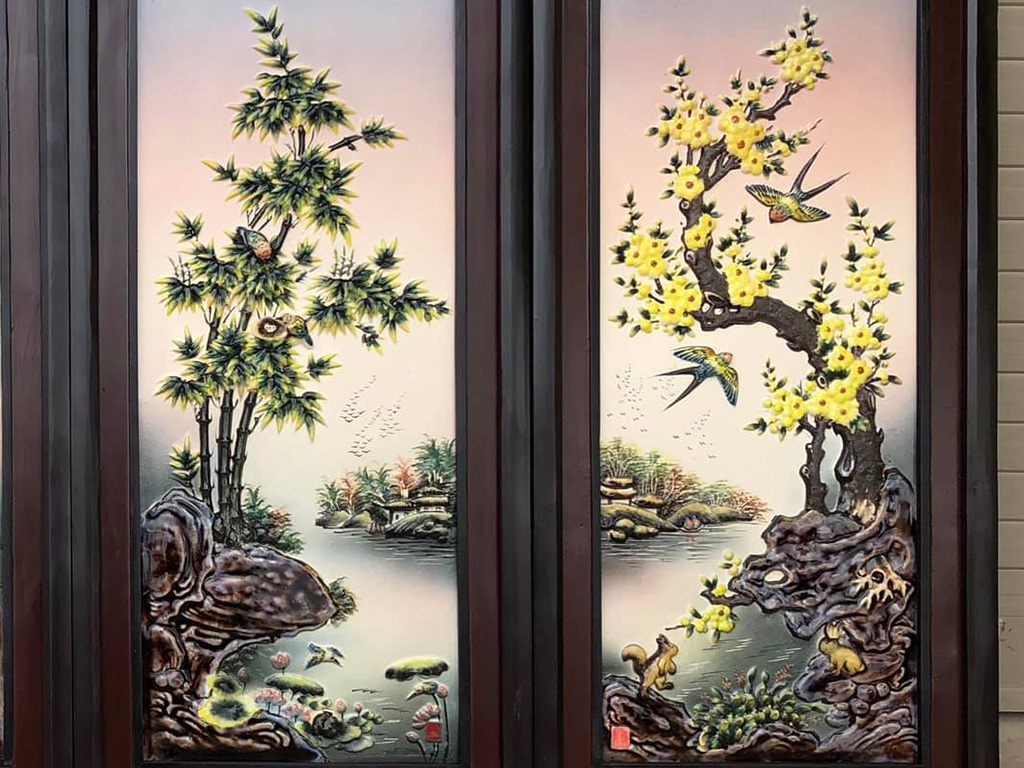 고급 사군자 도자기 벽걸이 그림 90x43cm 전통예술