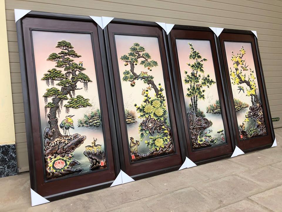 고급 사군자 도자기 벽걸이 그림 90x43cm 전통예술