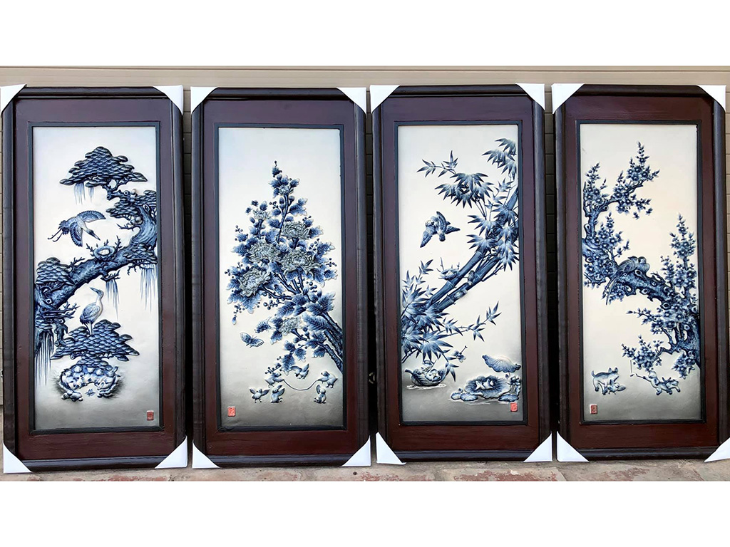 90x43cm 청자 솟음 4폭 사계절 고풍 벽장식품