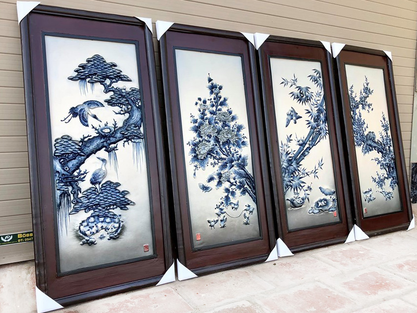90x43cm 청자 솟음 4폭 사계절 고풍 벽장식품