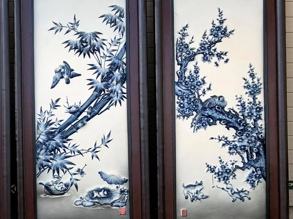 90x43cm 청자 솟음 4폭 사계절 고풍 벽장식품