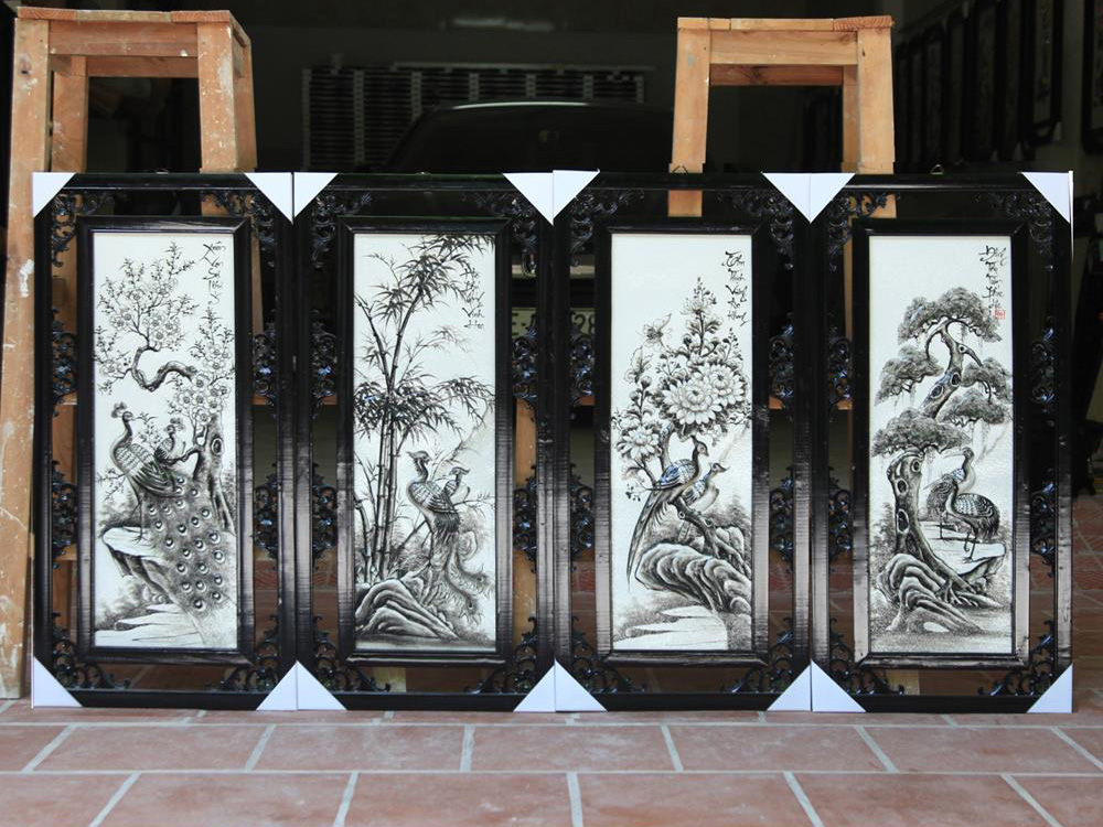 87x43cm 4계절 흑색 부조 도자기 그림