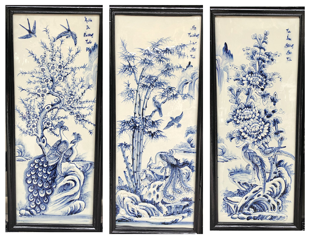 전통 수공 수채화 청자 4귀 문양 병 98x48cm 벽 장식