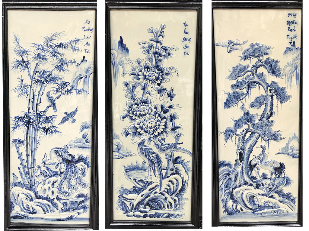 전통 수공 수채화 청자 4귀 문양 병 98x48cm 벽 장식