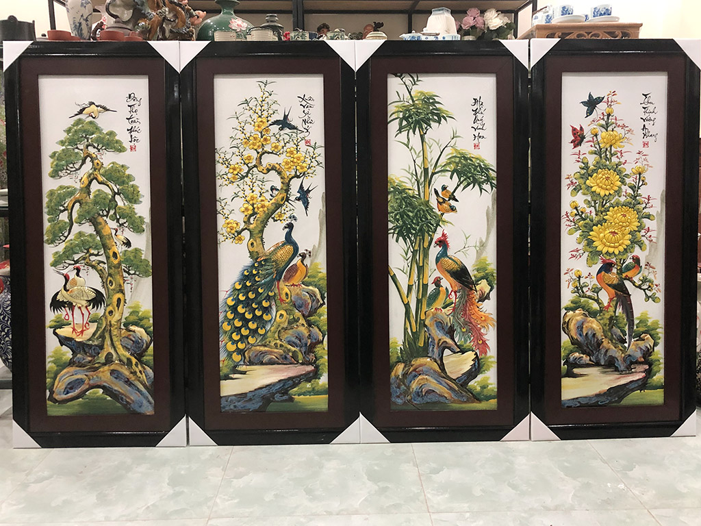 분재 4계절 부조 도자기 그림 116x55cm 전통 장식품