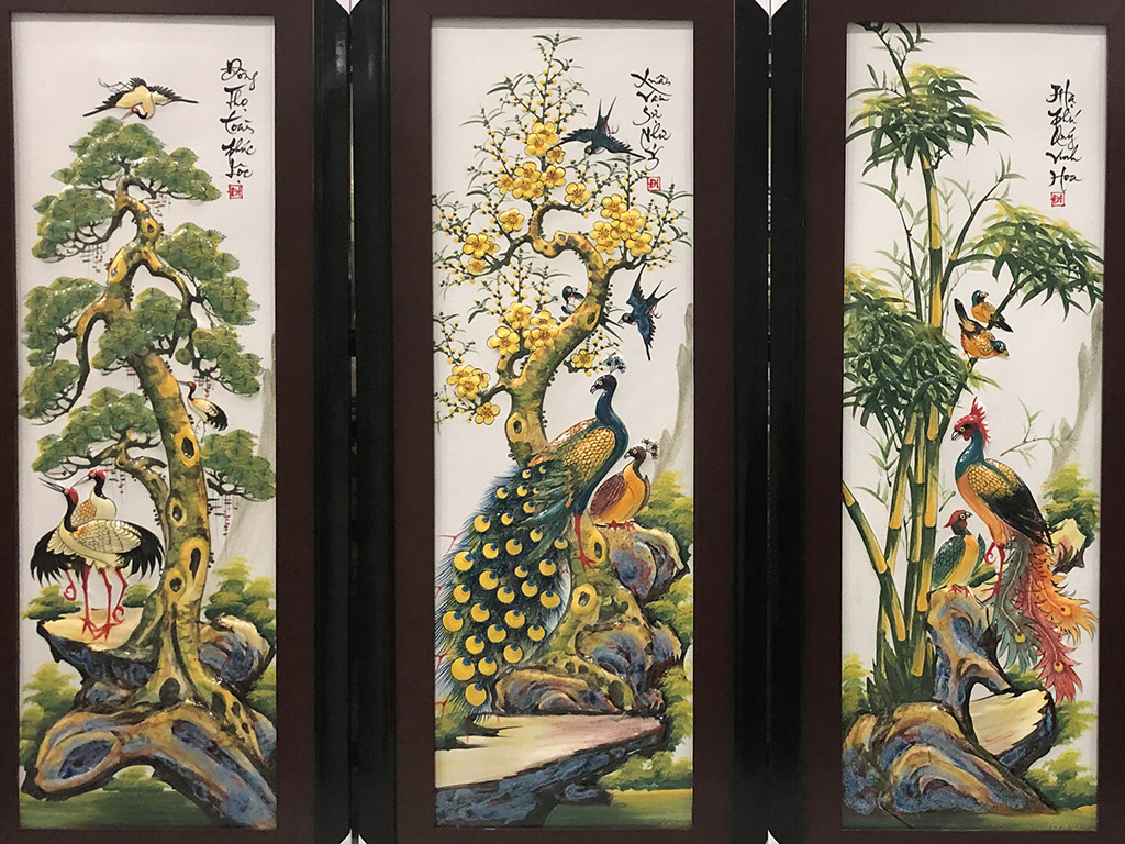 분재 4계절 부조 도자기 그림 116x55cm 전통 장식품