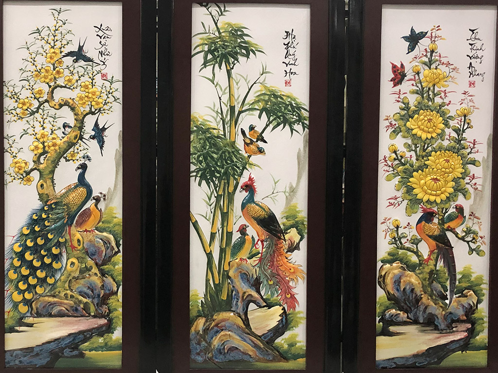 분재 4계절 부조 도자기 그림 116x55cm 전통 장식품