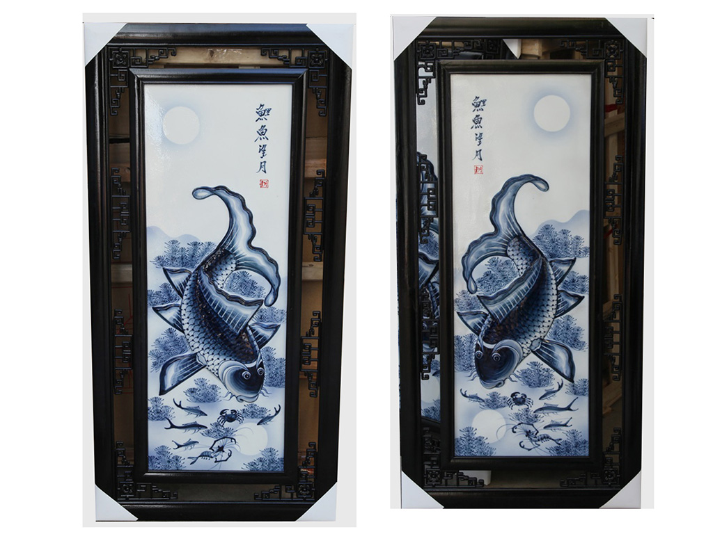 1m x 50cm 바트짱 입체 잉어 달 그림 청자 도자기