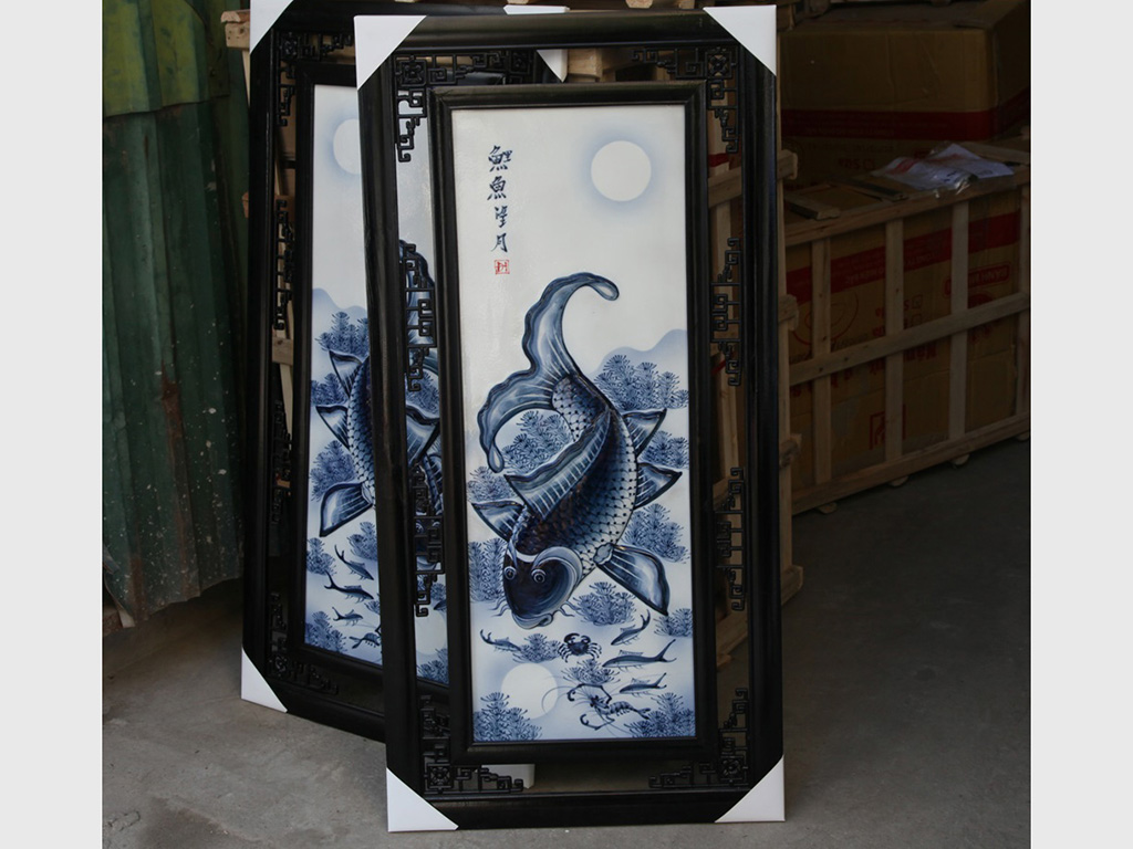 1m x 50cm 바트짱 입체 잉어 달 그림 청자 도자기