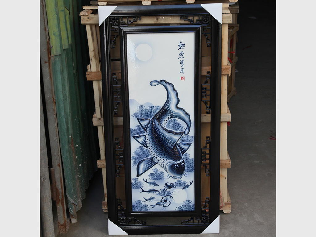 1m x 50cm 바트짱 입체 잉어 달 그림 청자 도자기