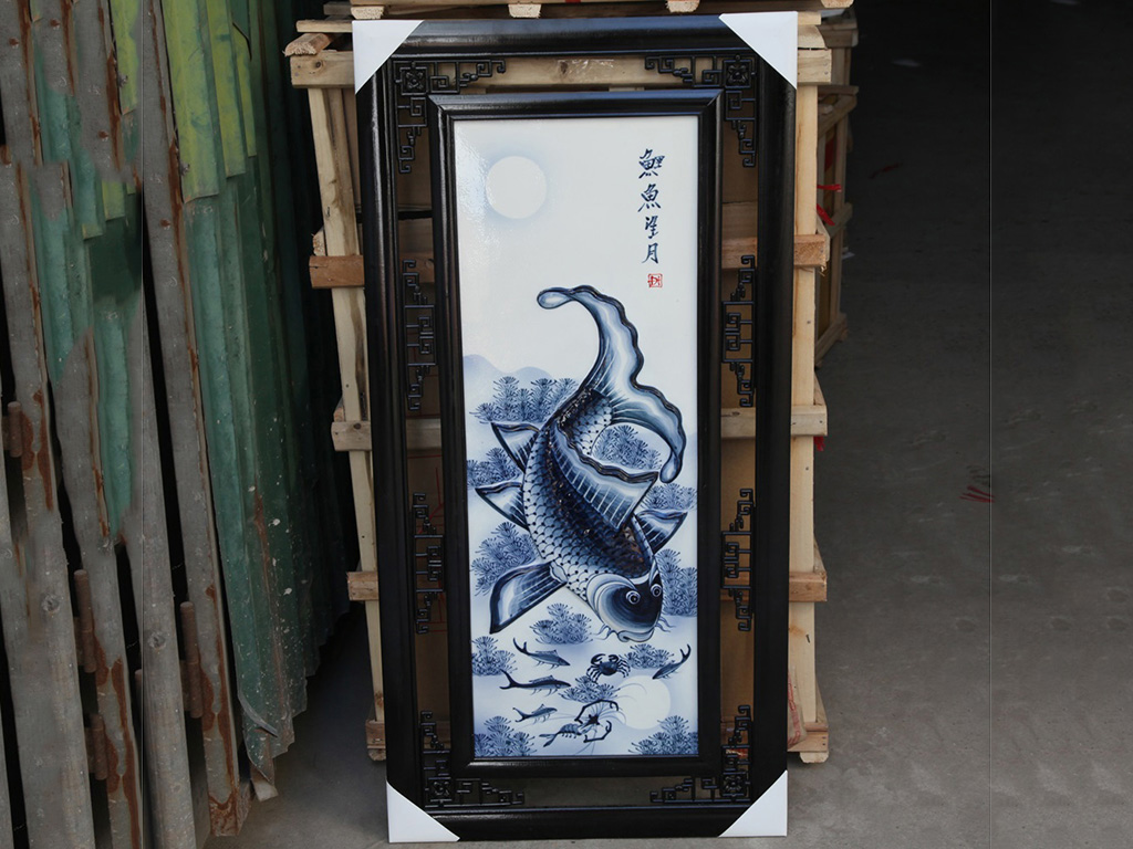 청자 부조 연꽃 잉어 그림 85x42cm Bát Tràng 도자기
