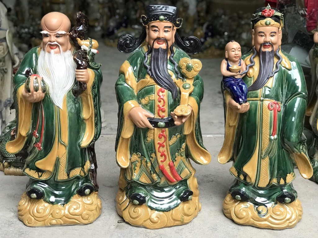 70cm 청색 도자기 복록수 삼신 조각상 바트짱 명품