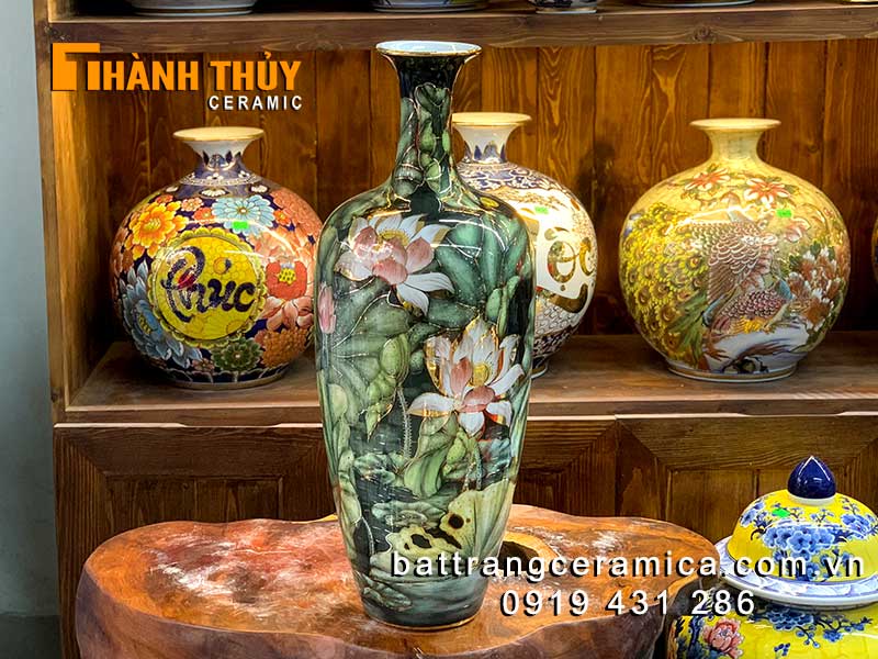 Bình vẽ vàng liên hoa 60cm cao cấp gốm sứ Bát Tràng đẹp Bình vẽ vàng liên hoa 60cm cao cấp gốm sứ Bát Tràng đẹp