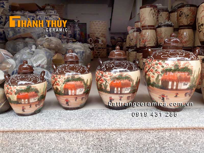 Vò Rượu Sứ Vẽ Cảnh Quê 30L An Toàn Chất Lượng Cao Cấp Bền Đẹp
