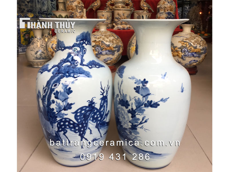 Lộc Bình Vẽ Tùng Lộc Bụng Béo 45cm Gốm Sứ Bát Tràng Phong Thủy Tài Lộc
