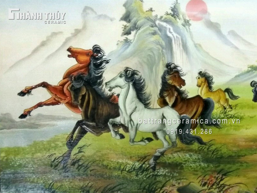 Bát Tràng 전통 말 그림 도자기 벽화 90x120cm 풍수 장식용