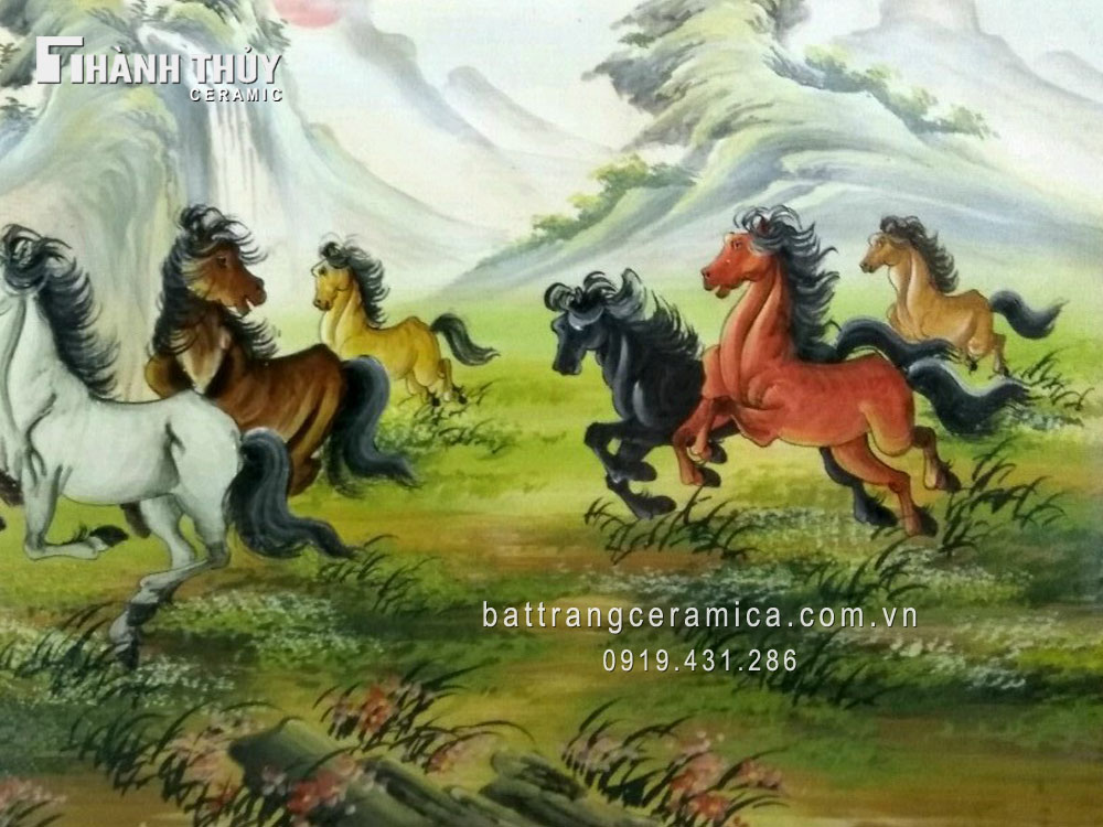 Bát Tràng 전통 말 그림 도자기 벽화 90x120cm 풍수 장식용