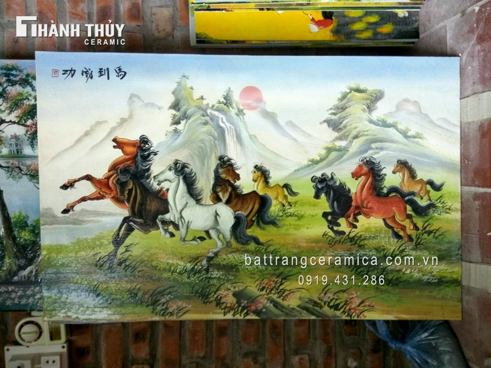 Bát Tràng 전통 말 그림 도자기 벽화 90x120cm 풍수 장식용