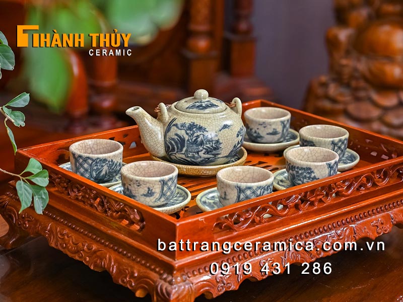 고급 고대풍 균열문 도자기 다기세트 Baṭ Tràng 전통 차도구