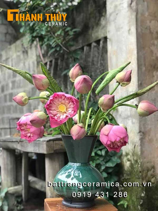 청록색 고급 도자기 꽃병 25cm 수묵 채색 장식