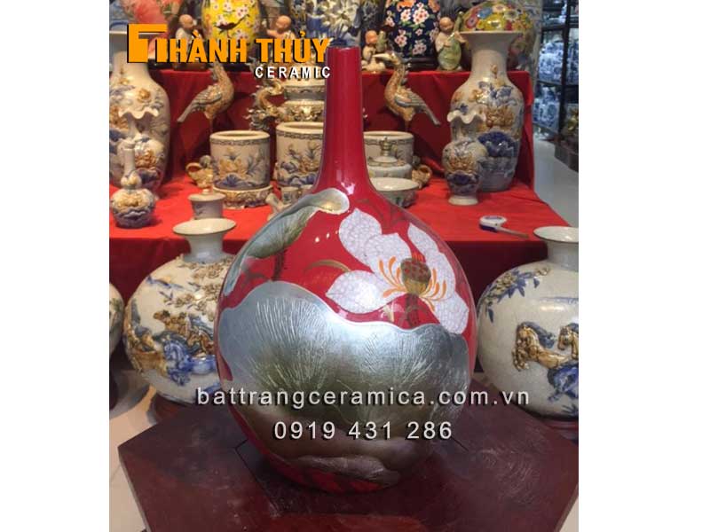 은장식 연꽃 문양 적색 가죽 열매 옻칠 화병 31cm