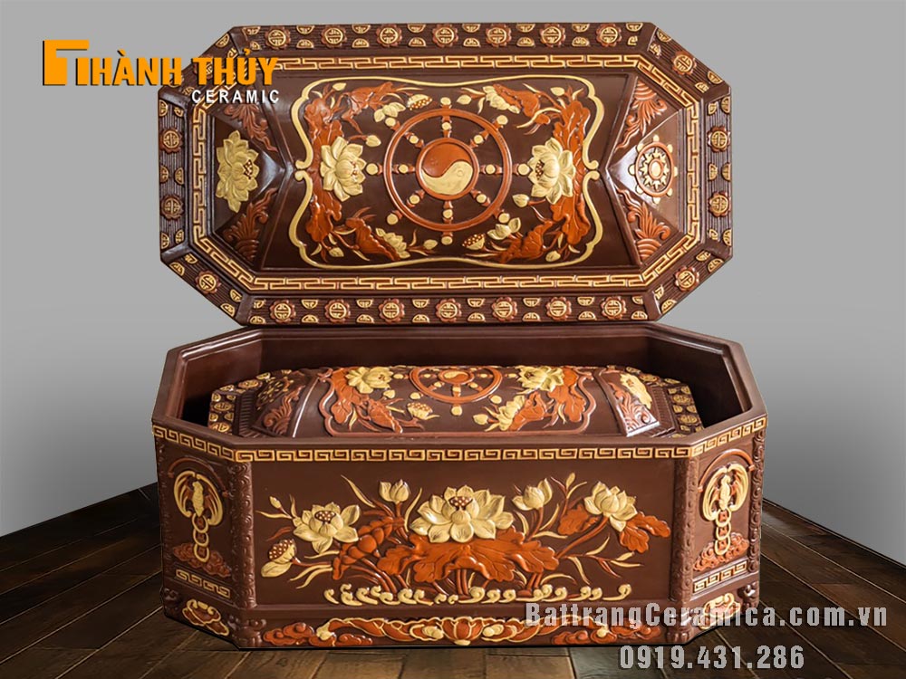 Tiểu quách gốm nâu bát giác Liên hoa sang trọng bền đẹp Tiểu quách gốm nâu bát giác Liên hoa sang trọng bền đẹp