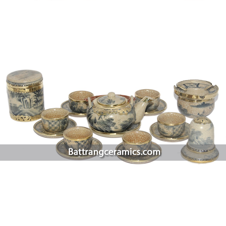 Bộ ấm chén Bát Tràng men rạn cổ bọc đồng sang trọng quà tặng Bộ ấm chén Bát Tràng men rạn cổ bọc đồng sang trọng quà tặng