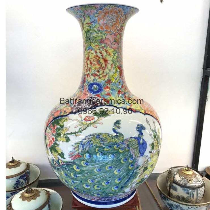 Lọ cắm hoa Bát Tràng vẽ tay chim công hoa độc đáo quà tặng Lọ cắm hoa Bát Tràng vẽ tay chim công hoa độc đáo quà tặng