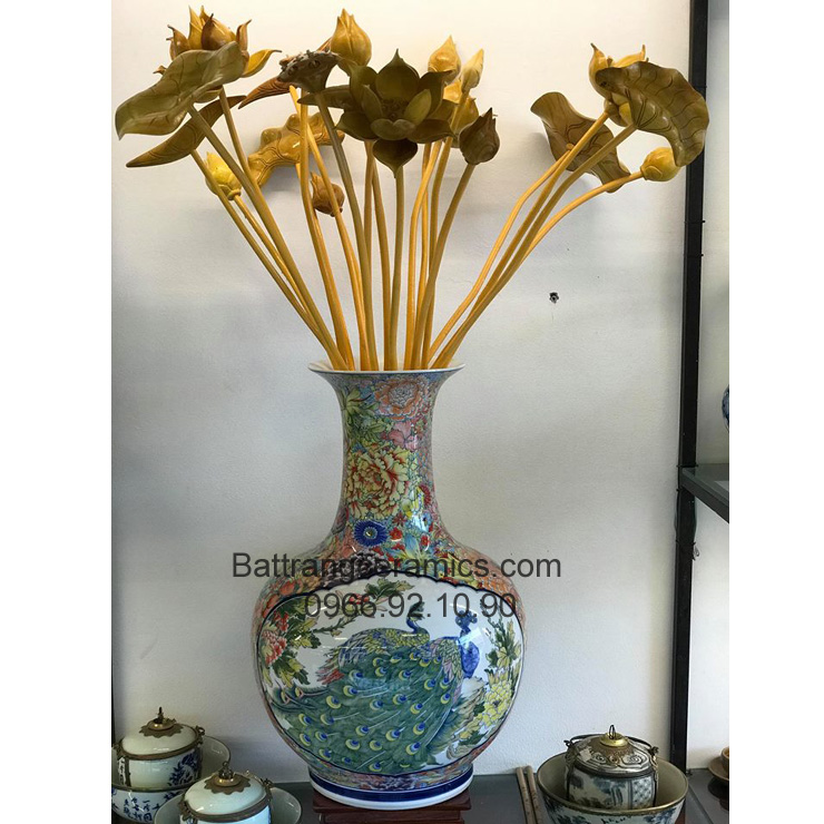 Lọ cắm hoa Bát Tràng vẽ tay chim công hoa độc đáo quà tặng Lọ cắm hoa Bát Tràng vẽ tay chim công hoa độc đáo quà tặng