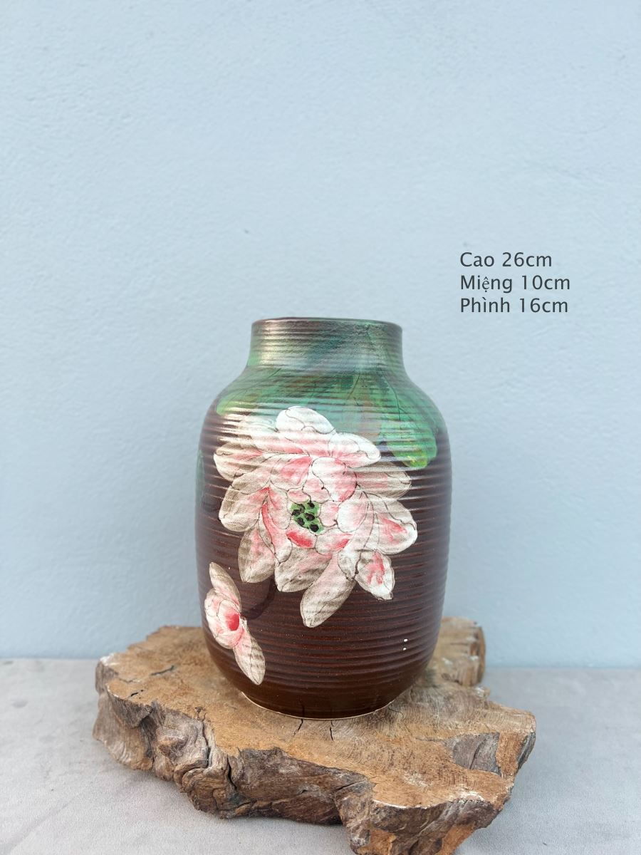 바트짱 연꽃 무늬 갈색 꽃병 26cm 고급 도자기 인테리어